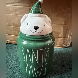 Rae Dunn Green and White Santa Paws Jar - New in Box